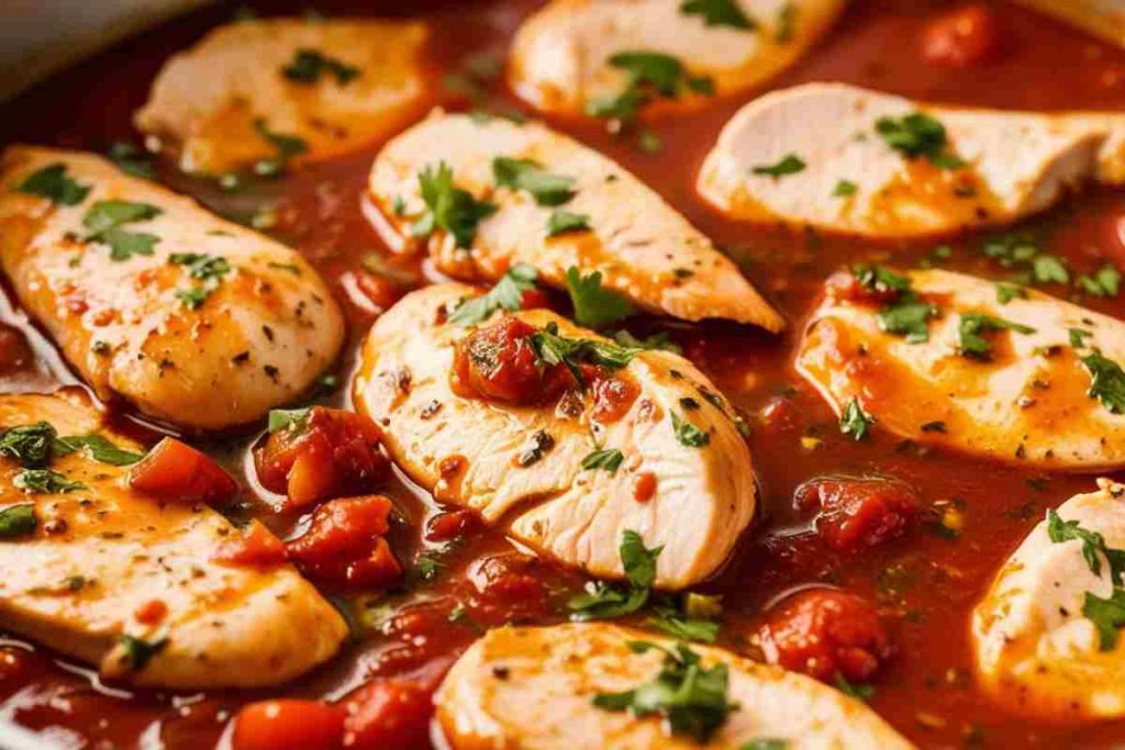 Fettine di pollo al pomodoro in una padella