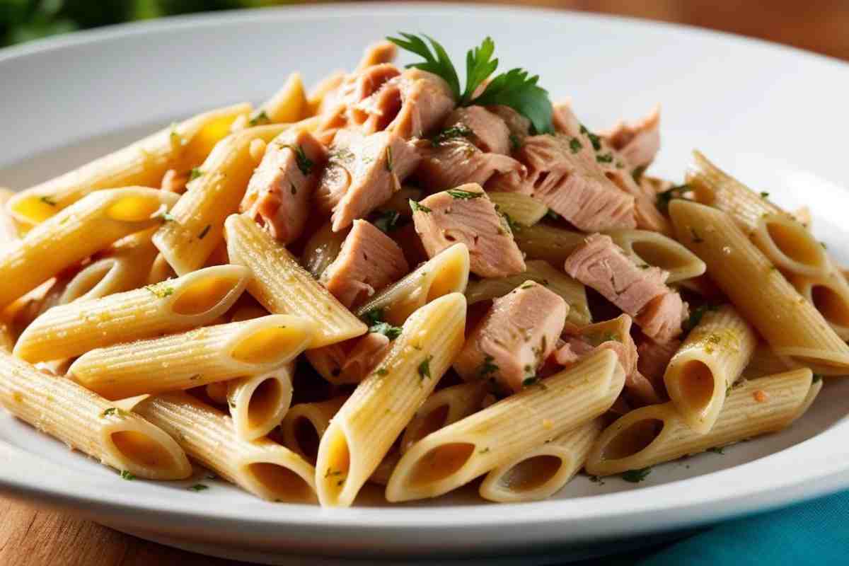 Penne integrali al tonno in un piatto