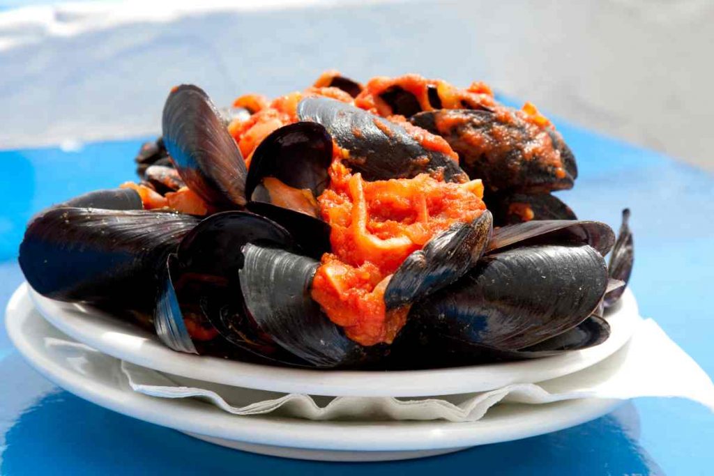 Cozze alla livornese con pomodoro in un piatto bianco