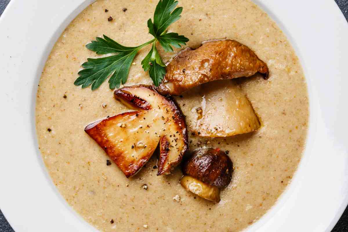 Crema vellutata di funghi porcini in un piatto fondo vista dall'alto