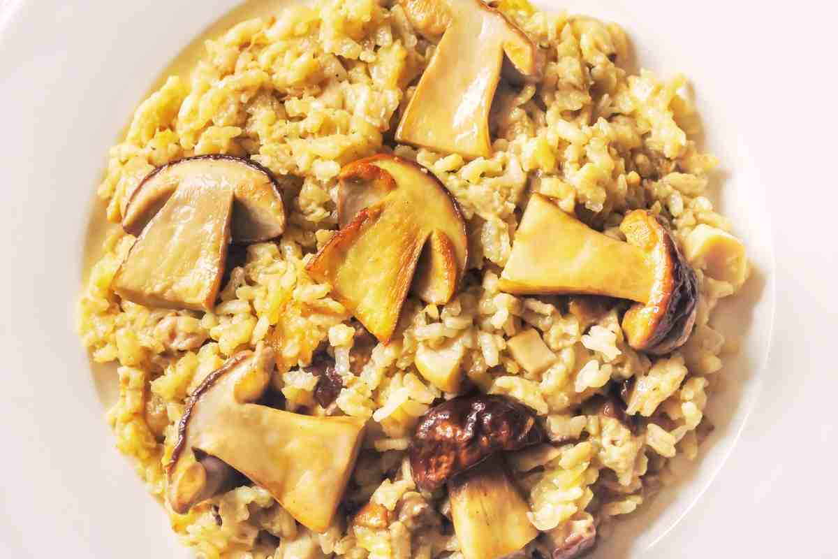 un piatto con il risotto ai funghi porcini visto dall'alto