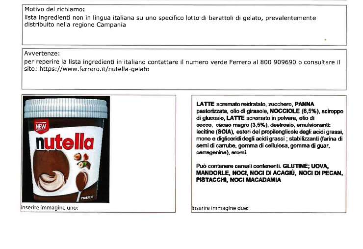 richiamo gelato nutella ministero salute