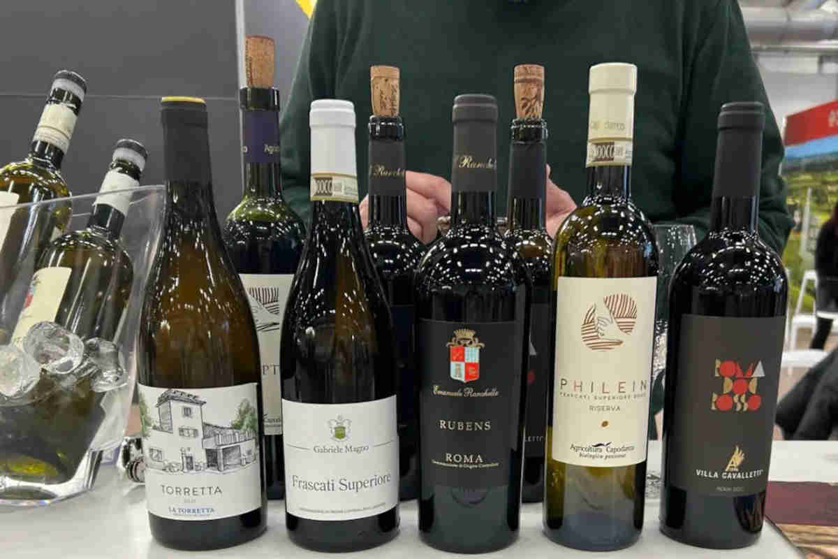 Cinque bottiglie di vino realizzate dall'associazione Vignaioli in Grottaferrata