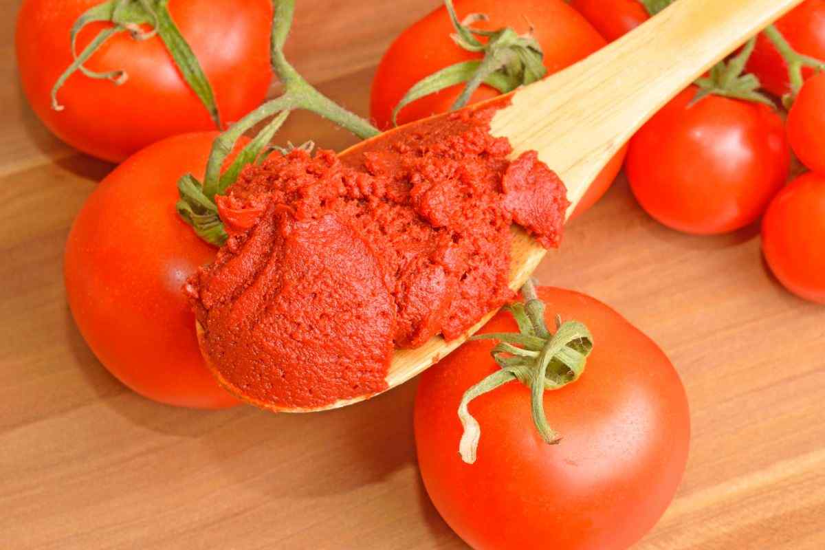 concentrato di pomodoro su cucchiaino con pomodorini su tagliere