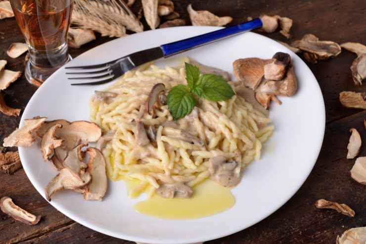 Trofie con crema di funghi porcini in un piatto bianco