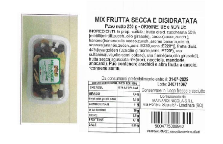 La frutta secca e disidratata oggetto del richiamo alimentare