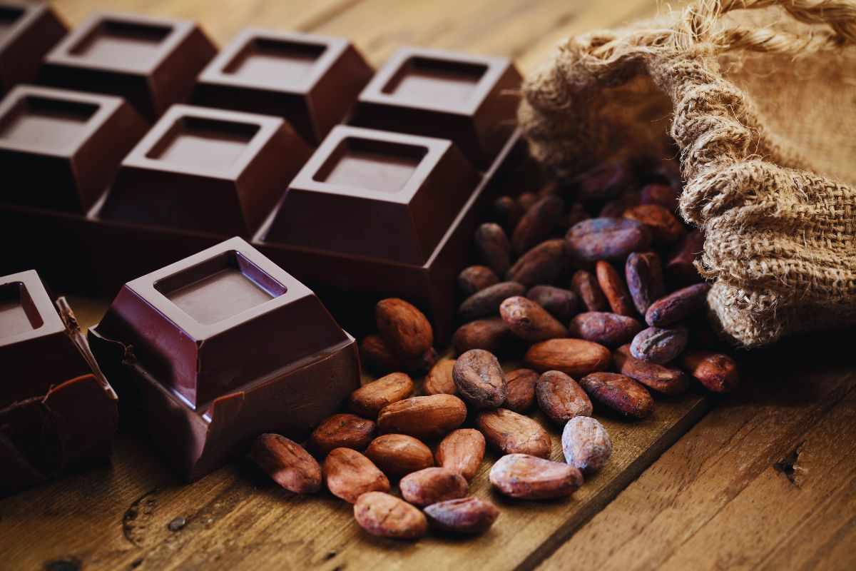 una barretta di cioccolato e delle fave di cacao