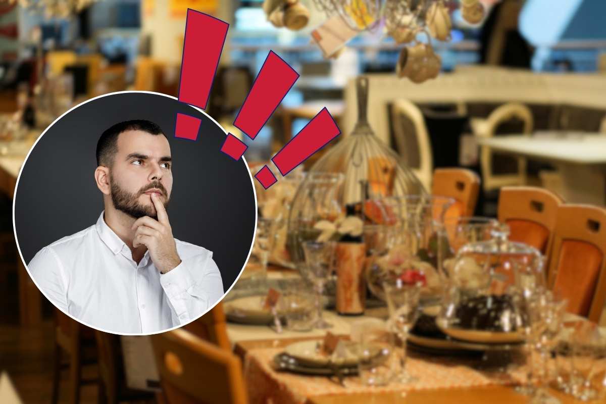 ristorante, uomo e segni esclamativi