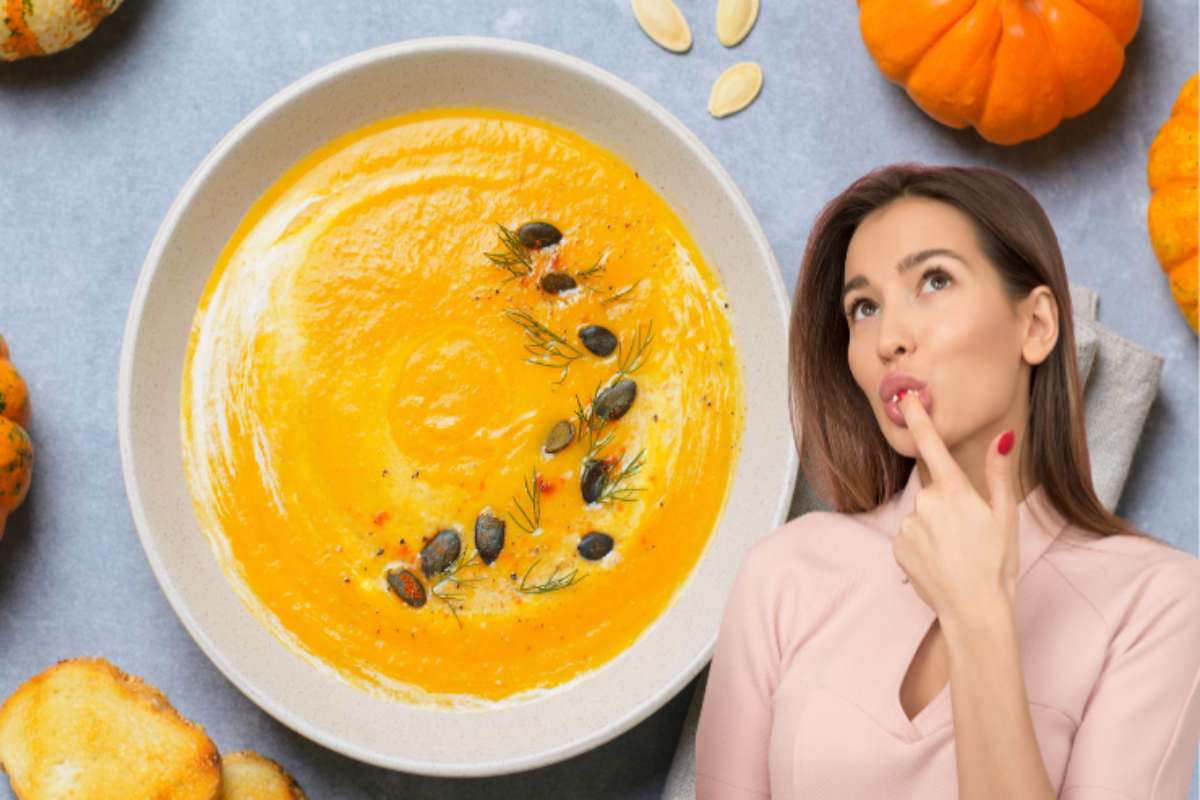 ragazza golosa sullo sfondo vellutata di zucca