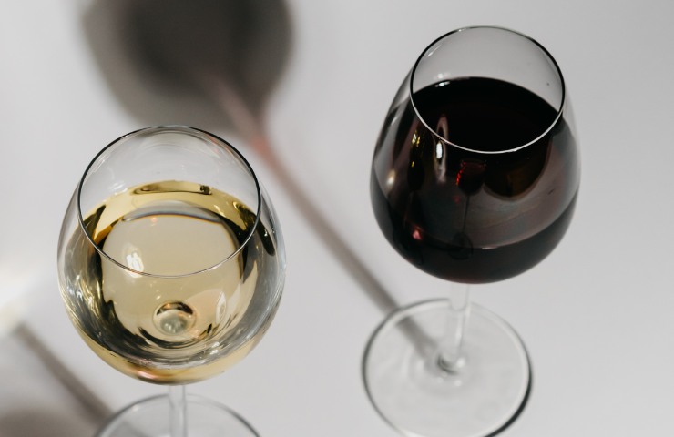 Un calice di vino bianco ed uno di vino rosso