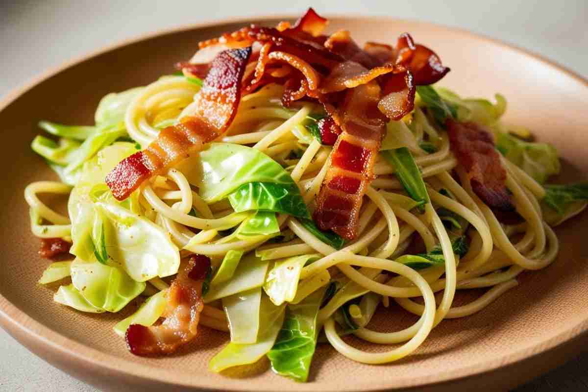 Pasta verza e pancetta in un piatto