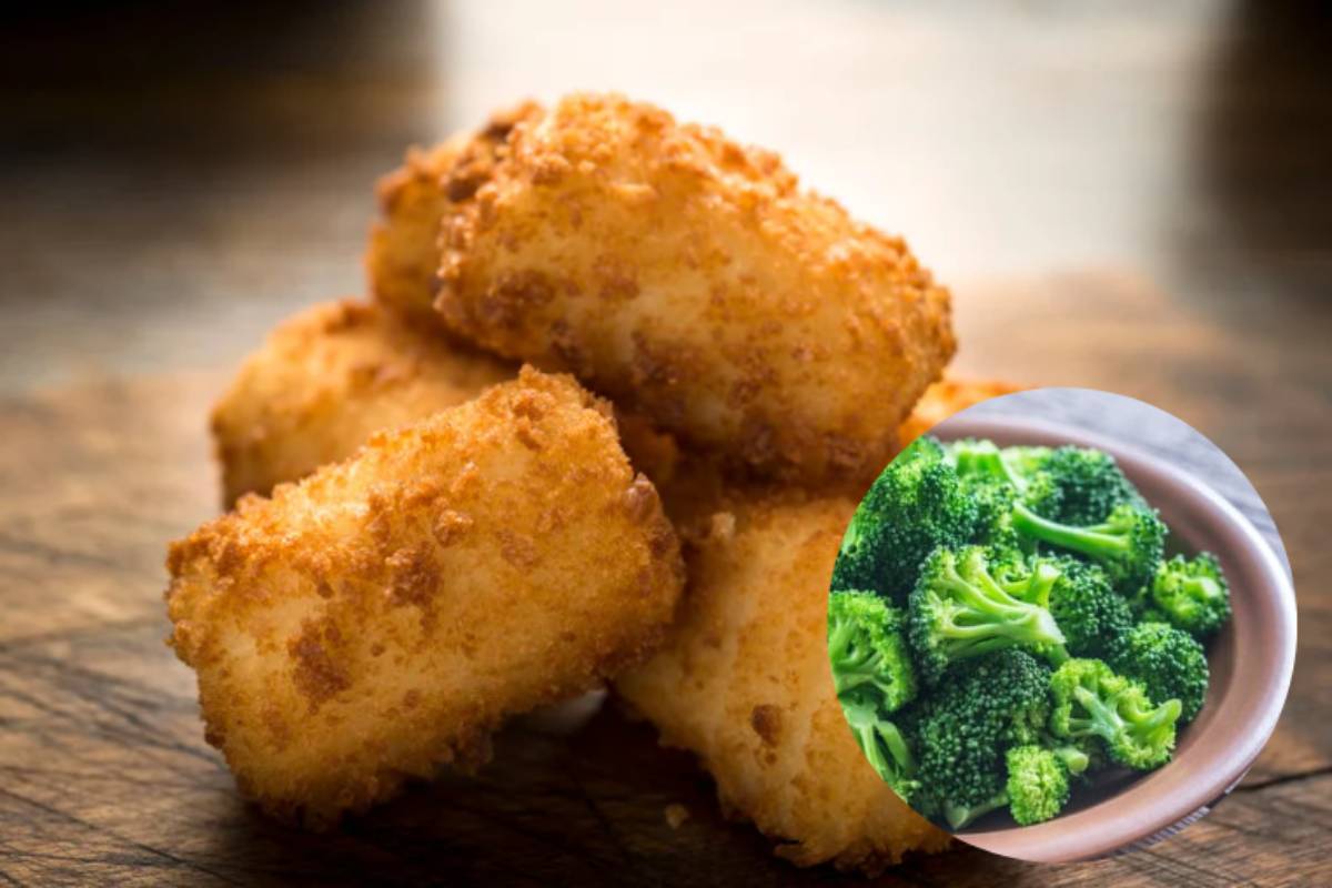 crocchette dorate con ciotola di broccoli