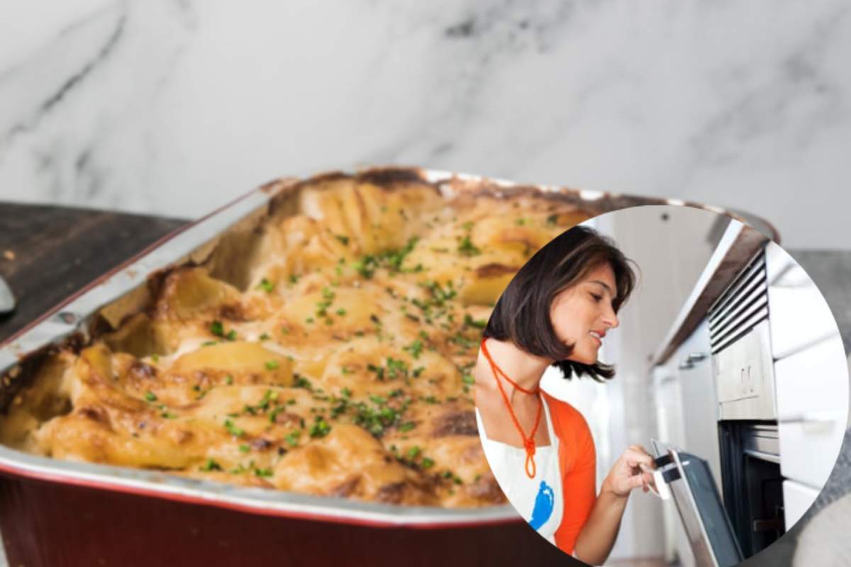 pirofila di carciofi e patate al forno con donna che controlla cottura