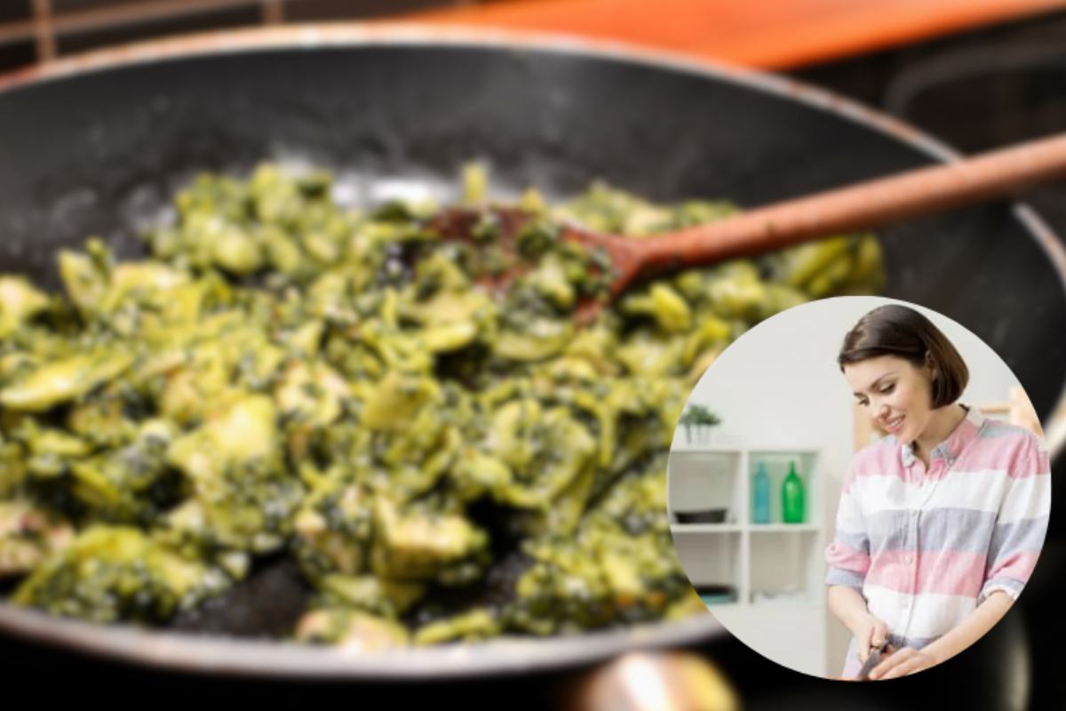 donna cucina pasta con spinaci in padella