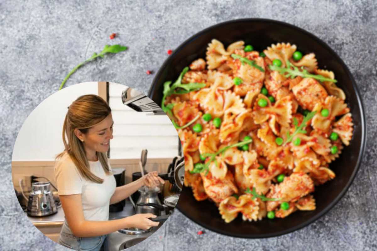 donna cucina pasta e piselli con pomodori