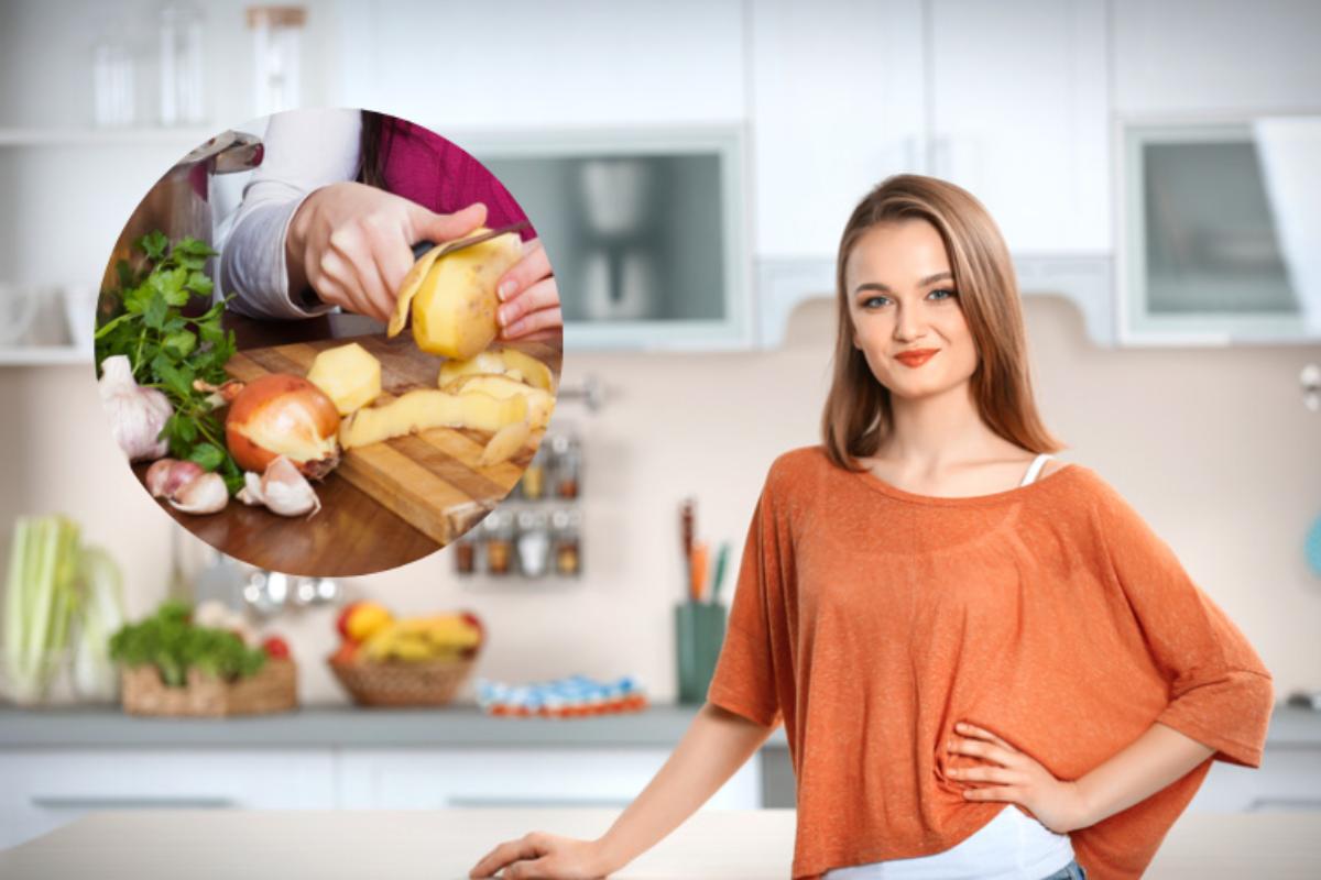 donna in cucina con mani che sbucciano patate