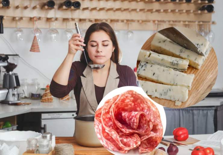 donna in cucina con salame e formaggio 