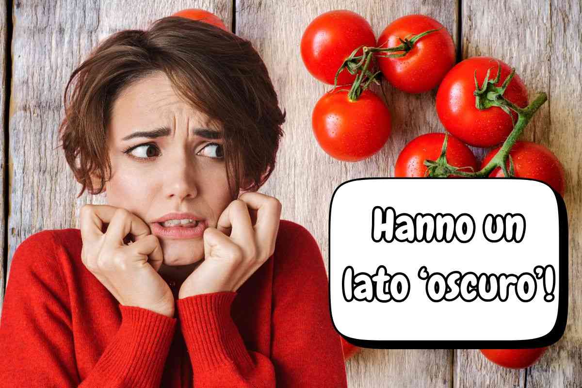 pomodori e donna preoccupata