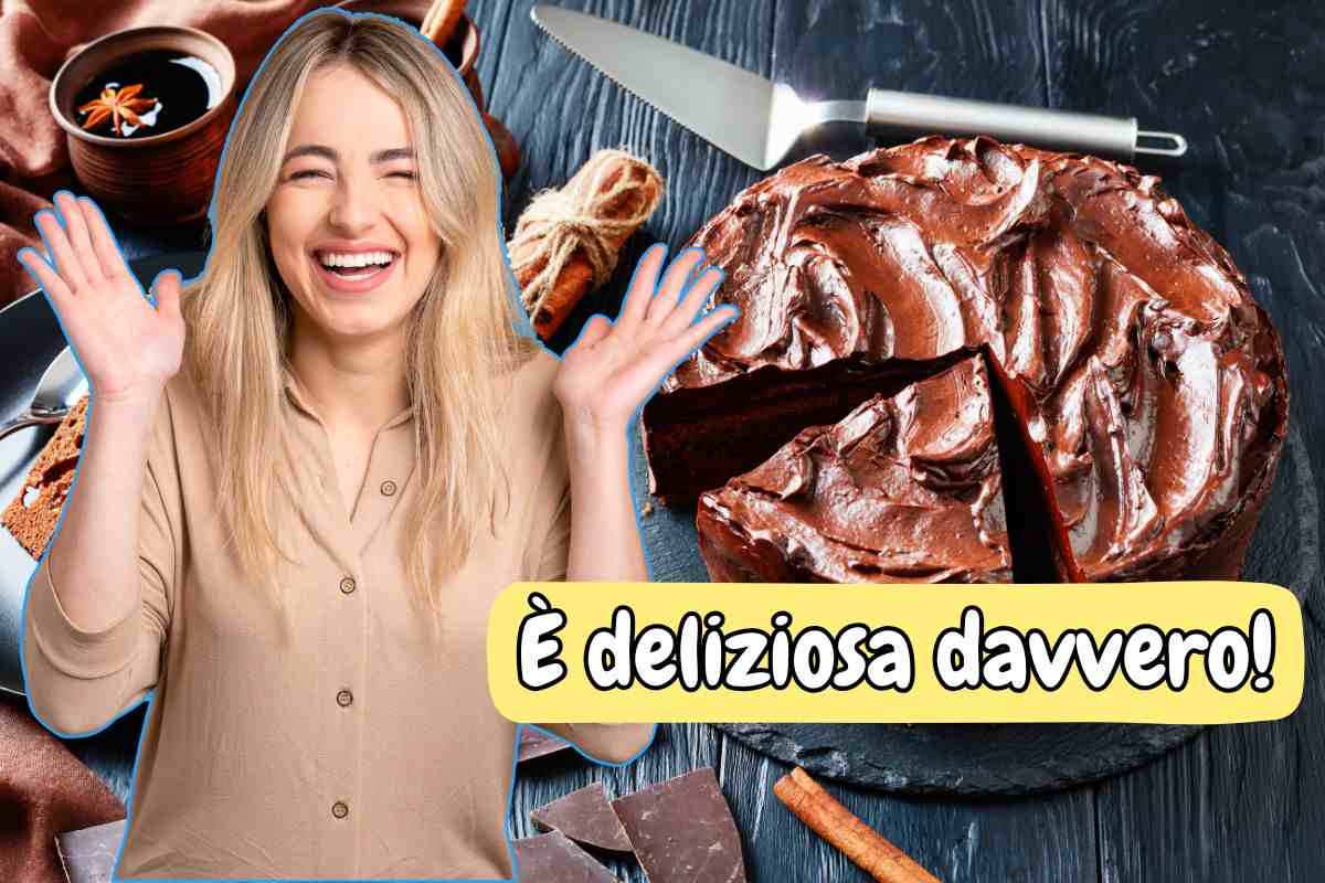 torta al cioccolato e donna sorridente