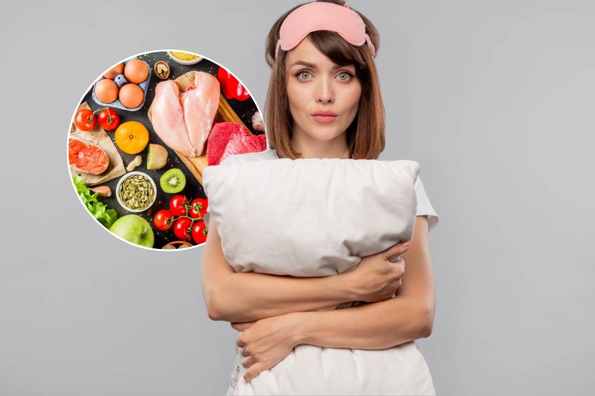 Ragazza con cuscino e alimenti nel riquadro