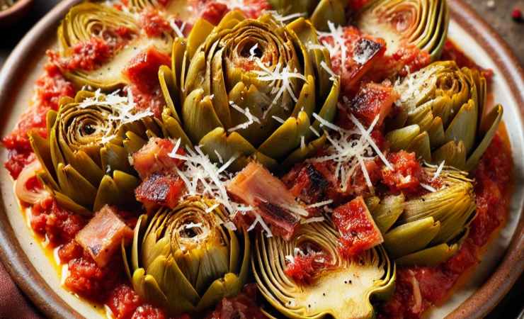 carciofi con sugo e pancetta