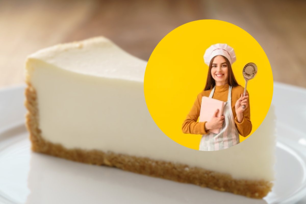 donna con mestolo e libro di cucina con cheesecake sullo sfondo