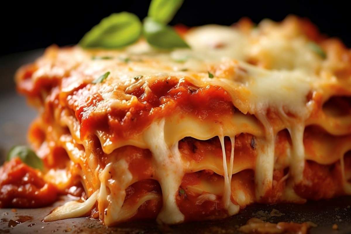 fetta di lasagna con pomodoro e formaggio filante e fogliolina di basilico sopra