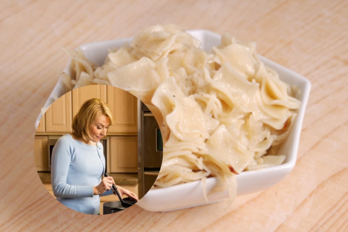 piatto di pasta con la verza e donna che cucina