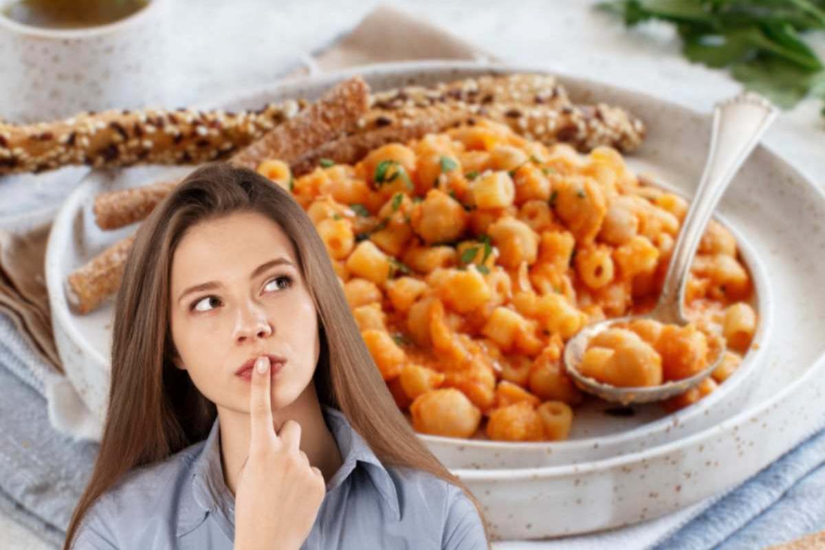 donna che pensa con pasta e ceci sullo sfondo