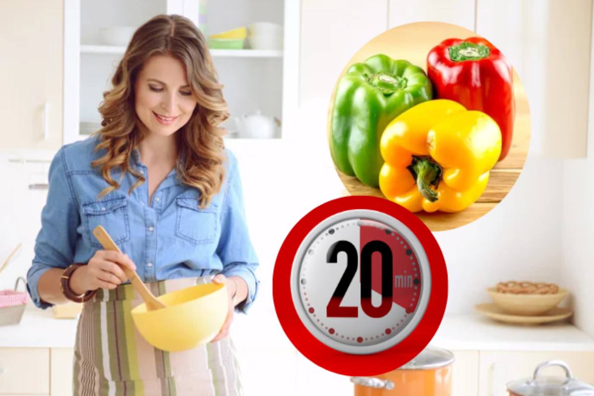 Donna in cucina con peperoni e timer 20 minuti