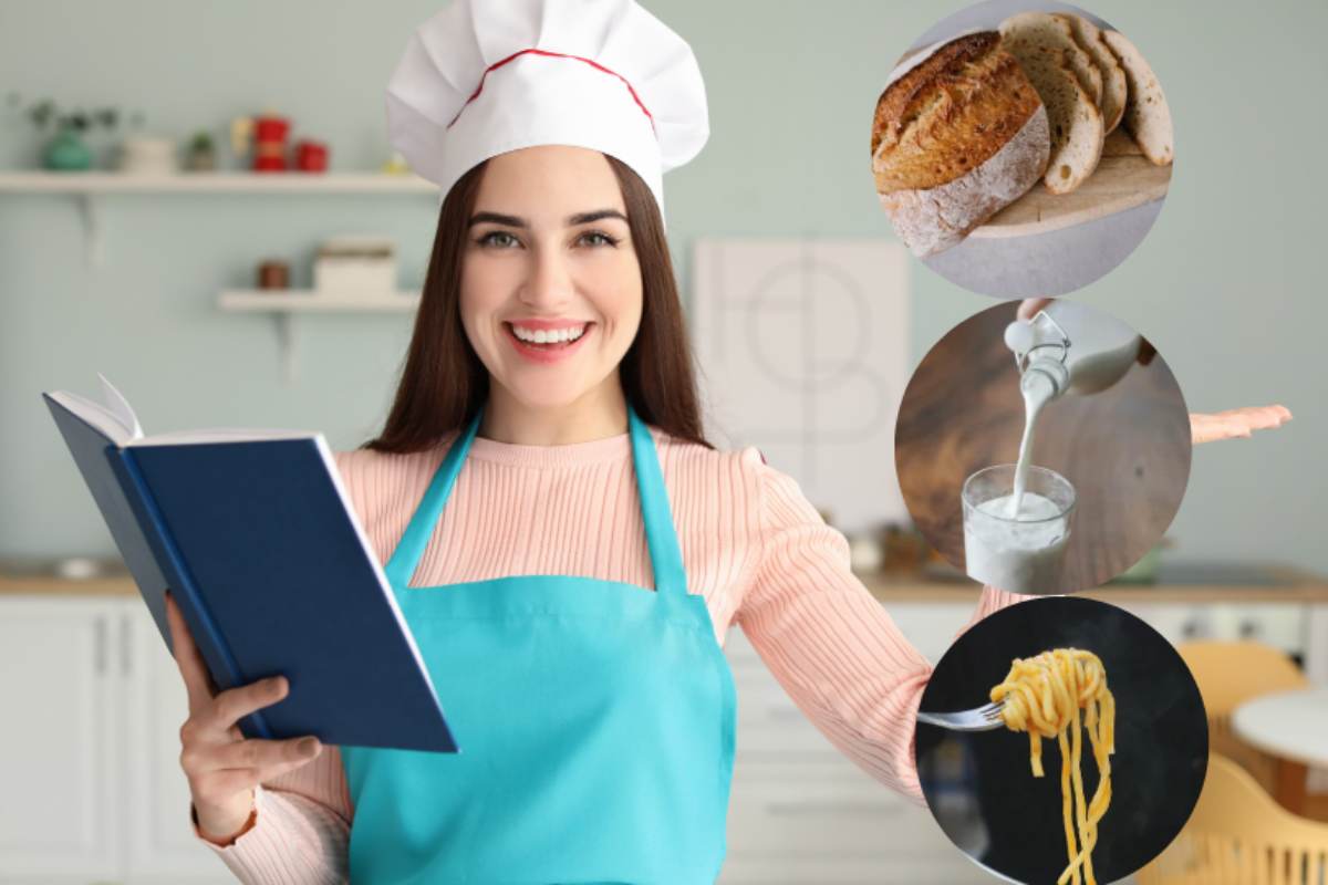 Donna in cucina con grembiule e ingredienti per primo piatto