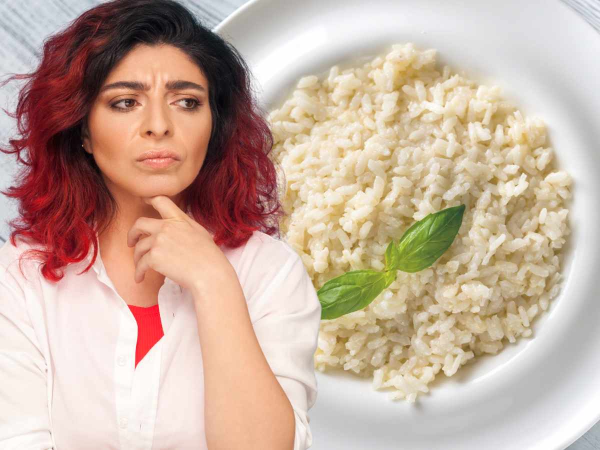 Ragazza pensierosa e piatto di risotto