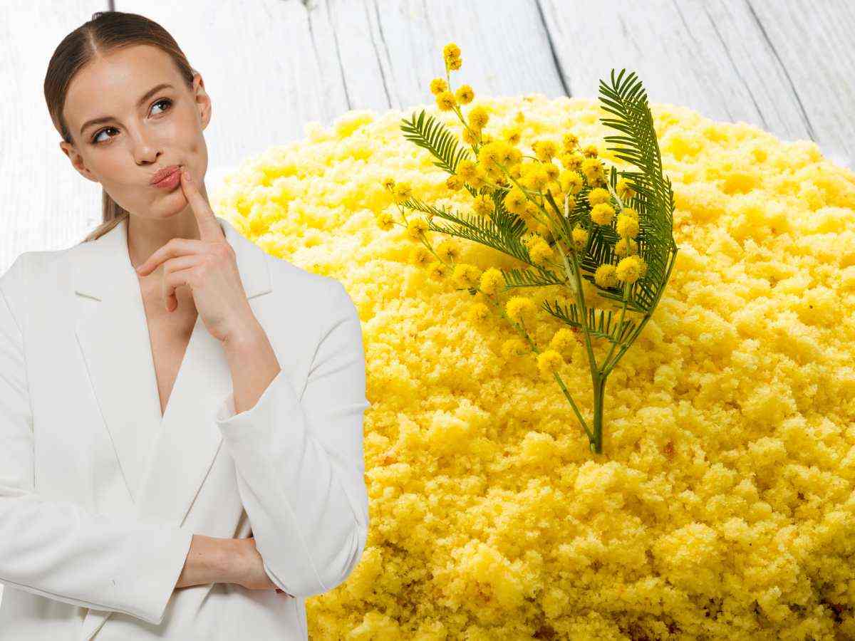 Ragazza in primo piano e torta mimosa da sfondo